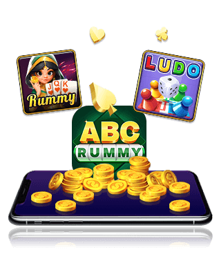 ABC Rummy promotional artwork with its logo, Rummy and Ludo game icons on a phone